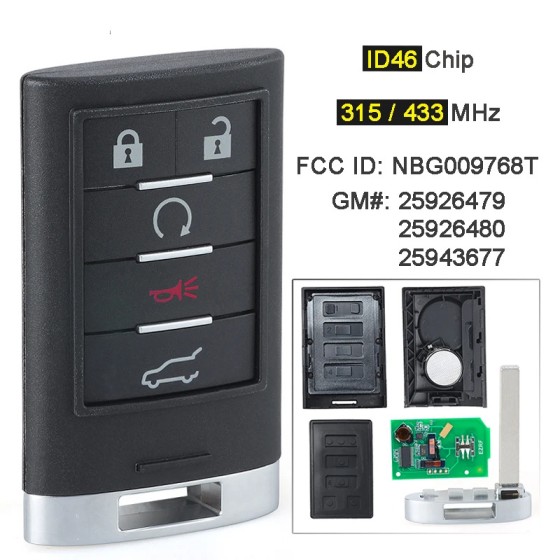 Cadillac SRX  Keyless 5 Button Remote Key Fob 315/433MHz NBG009768T(No logo/With logo)