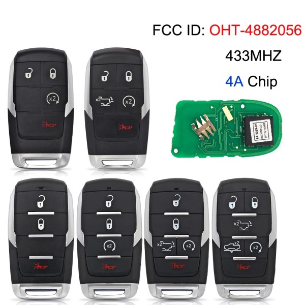 FCC ID: OHT-4882056 Smart Prox Remote Car Key Fob 433.92MHz 4A Chip for Dodge Ram 1500 Pickup 2019 2020(No logo/With logo)
