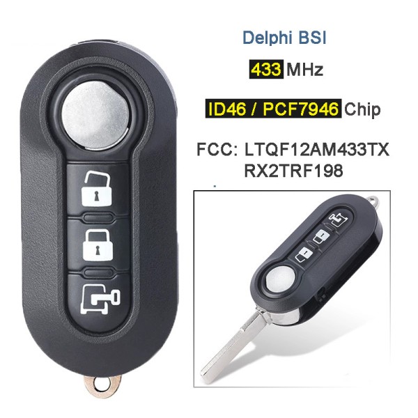 Fiat 3 Buttons 433MHz PCF7946A ID46 Delphi BSI LTQF12AM433TX(No logo/With logo)