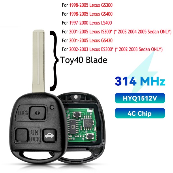 3 Button Remote Key Fob TOY48 Blade 314MHz 4C Chip HYQ1512V(No logo/With logo)