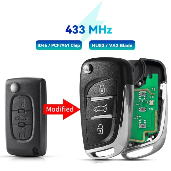 433Mhz Remote Key ID46 For Peugeot 3BTN
