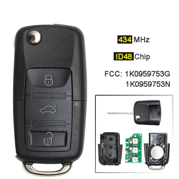 3 Button 434MHz ID48 Chip 1J0 959 753 G/N (No logo/With logo)