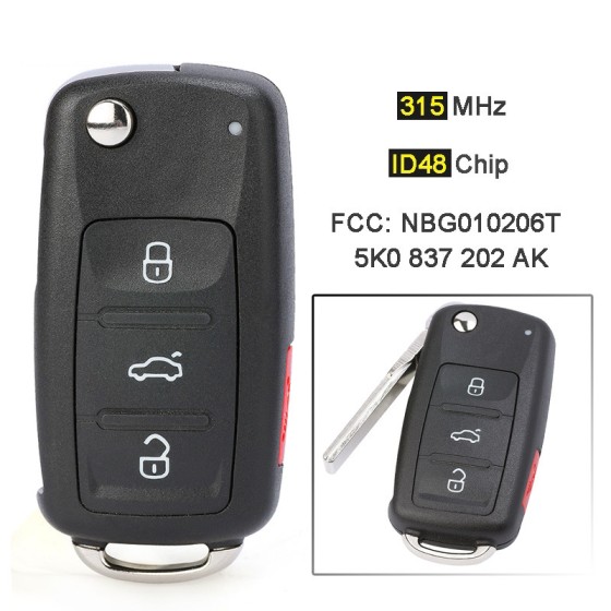 3+1 Button Keyless-Go 315MHz ID48 Chip NBG010206T 5K0 837 202 AK(No logo/With logo)