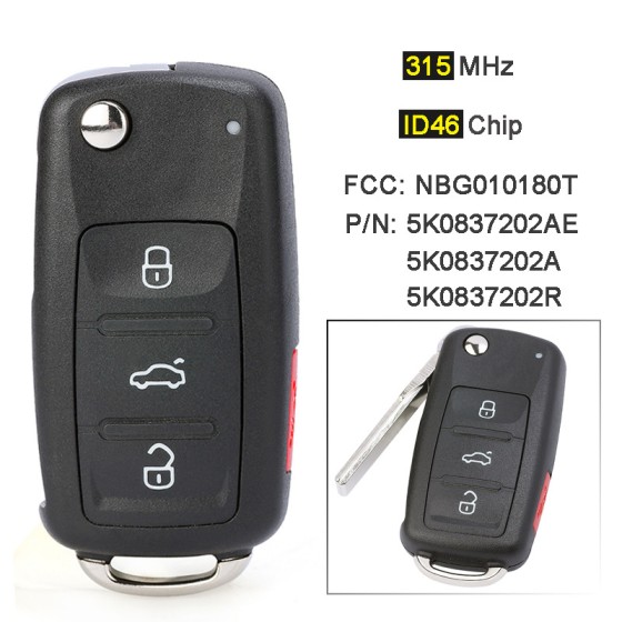 3+1 Button Keyless-Go 315MHz ID48 Chip 5K0837202AE / NBG010180T / 315 MHz(No logo/With logo)