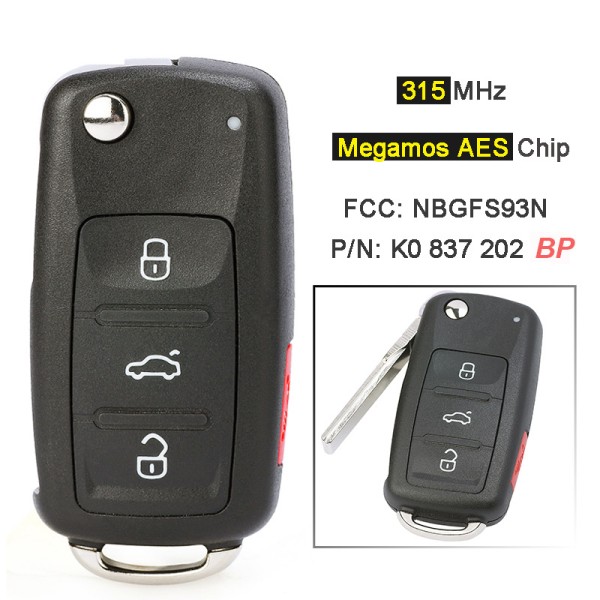 315MHz Keyless-Go Megamos AES ID88 FCC: NBGFS93N 5K0 837 202 BP(No logo/With logo)