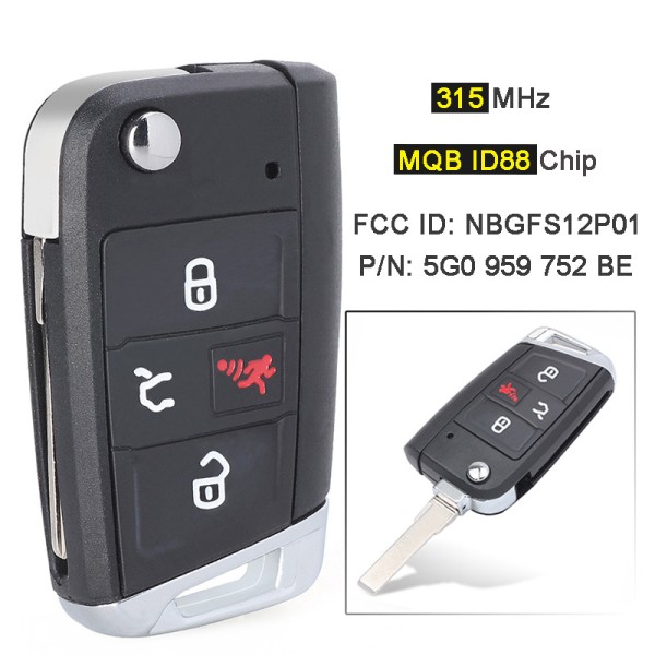 3+1 Buttons 315MHz MQB AES ID88 Chip NBGFS12P01 5G0 959 752 BE (No logo/With logo)
