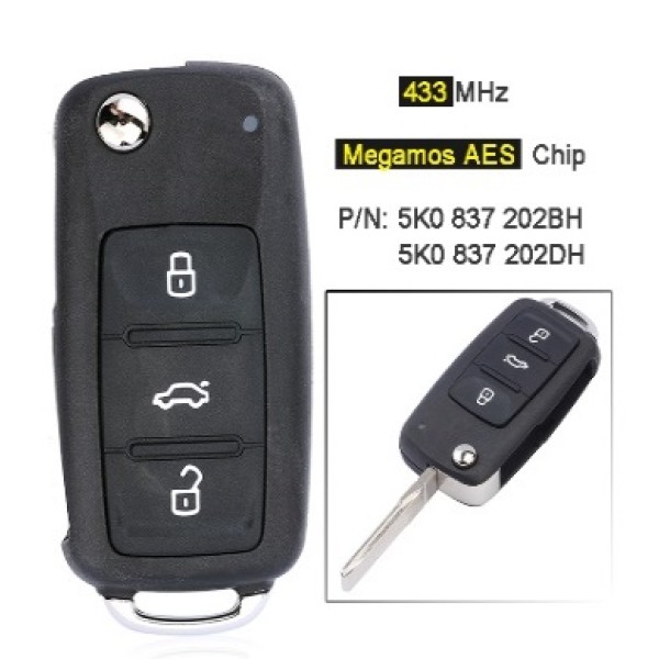 433MHz ASK Megamos AES / ID88 Chip 5K0 837 202 BH / DH Smart Remote Key Fob