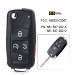 315MHz ID48 Chip Flip 3+1 4 Button Remote Key Fob 5K0 837 202 A/5K0 837 202 D