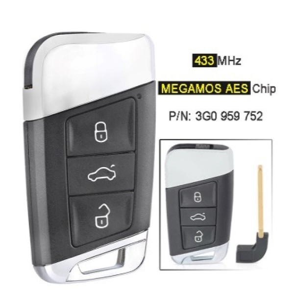 434MHz MEGAMOS AES Chip 3G0 959 752 3 Button Remote Key Fob for VW for Volkswagen Passat B8 Magotan Superb A7 2015-2020